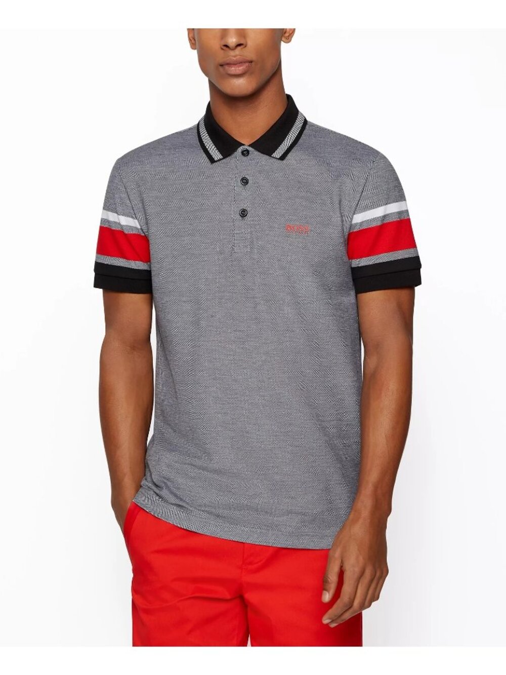 Hugo Boss Polo Shirt Mens Size Medium Gray Red White Striped Sleeves Regular Fit